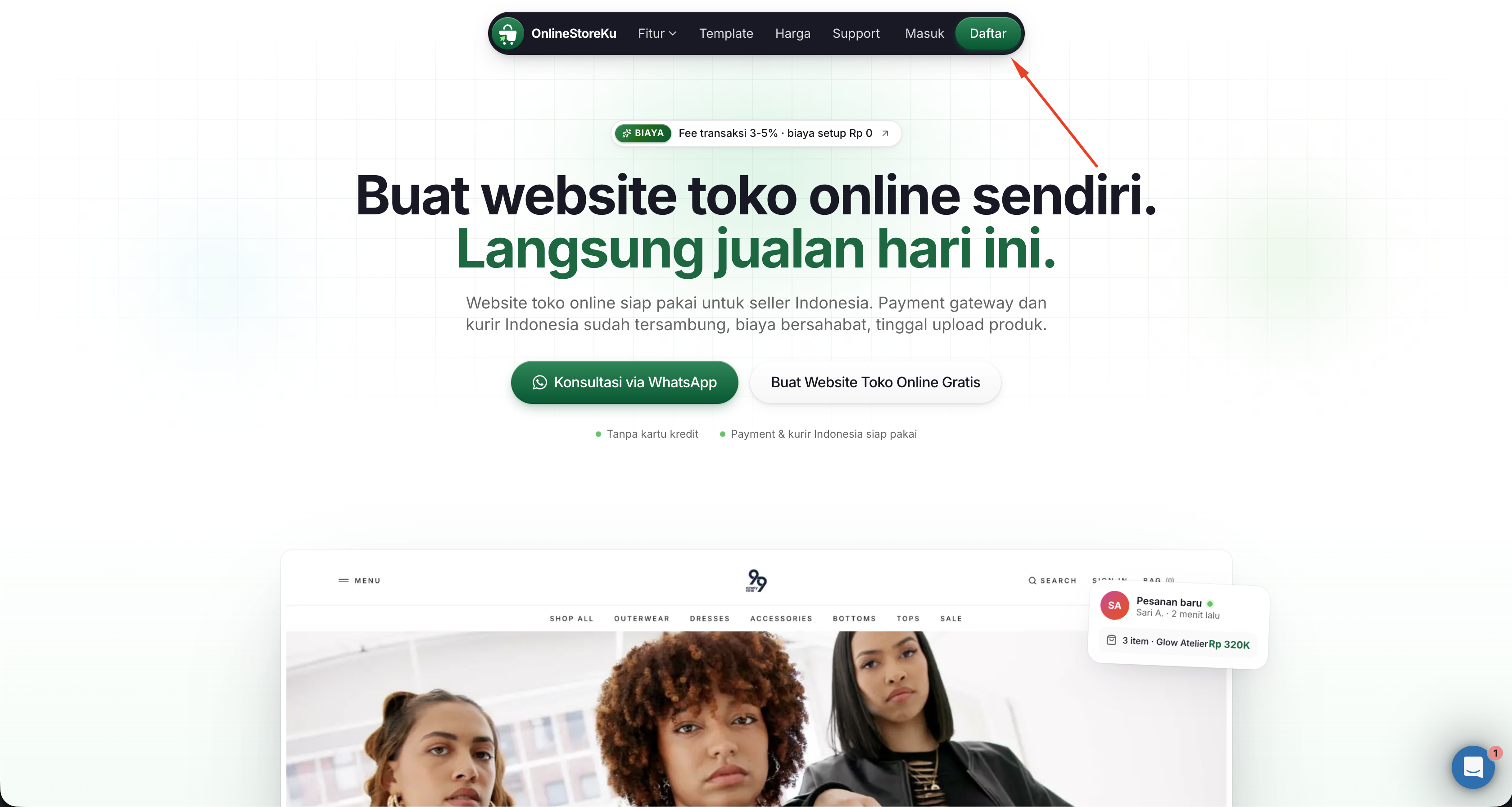 Tombol Daftar di halaman utama OnlineStoreKu untuk memulai pembuatan toko online