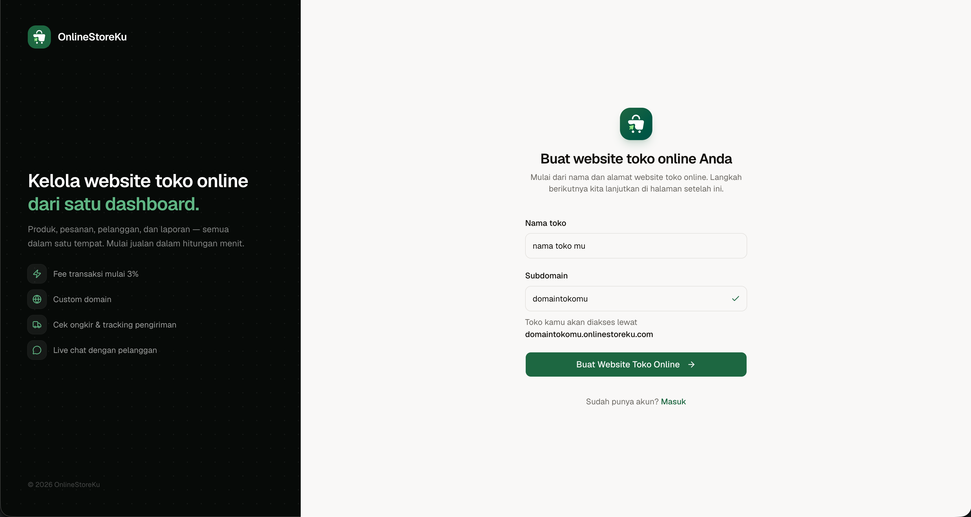 Form nama toko dan subdomain pada pendaftaran OnlineStoreKu