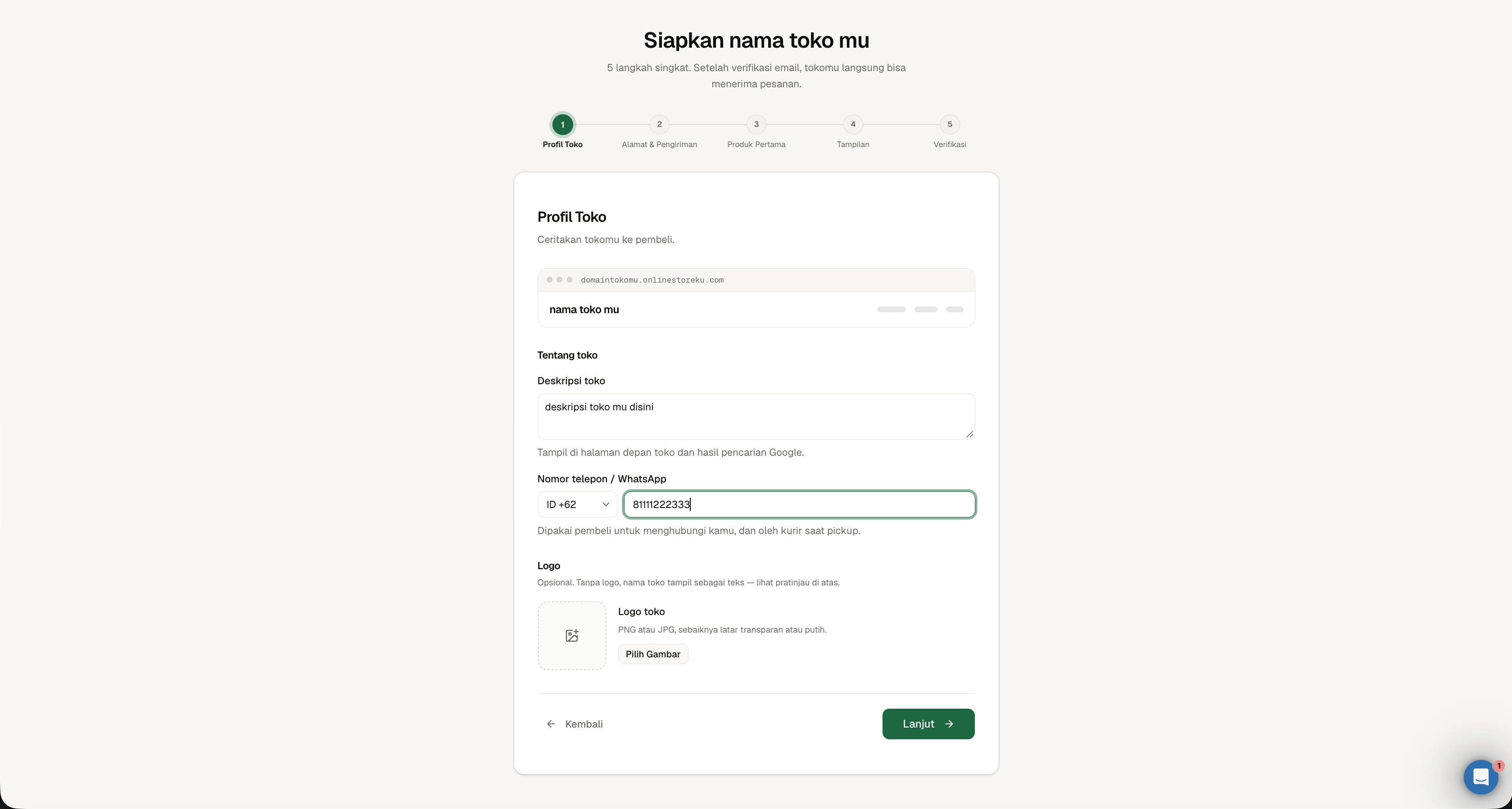 Langkah Profil Toko untuk mengisi deskripsi, nomor WhatsApp, dan logo