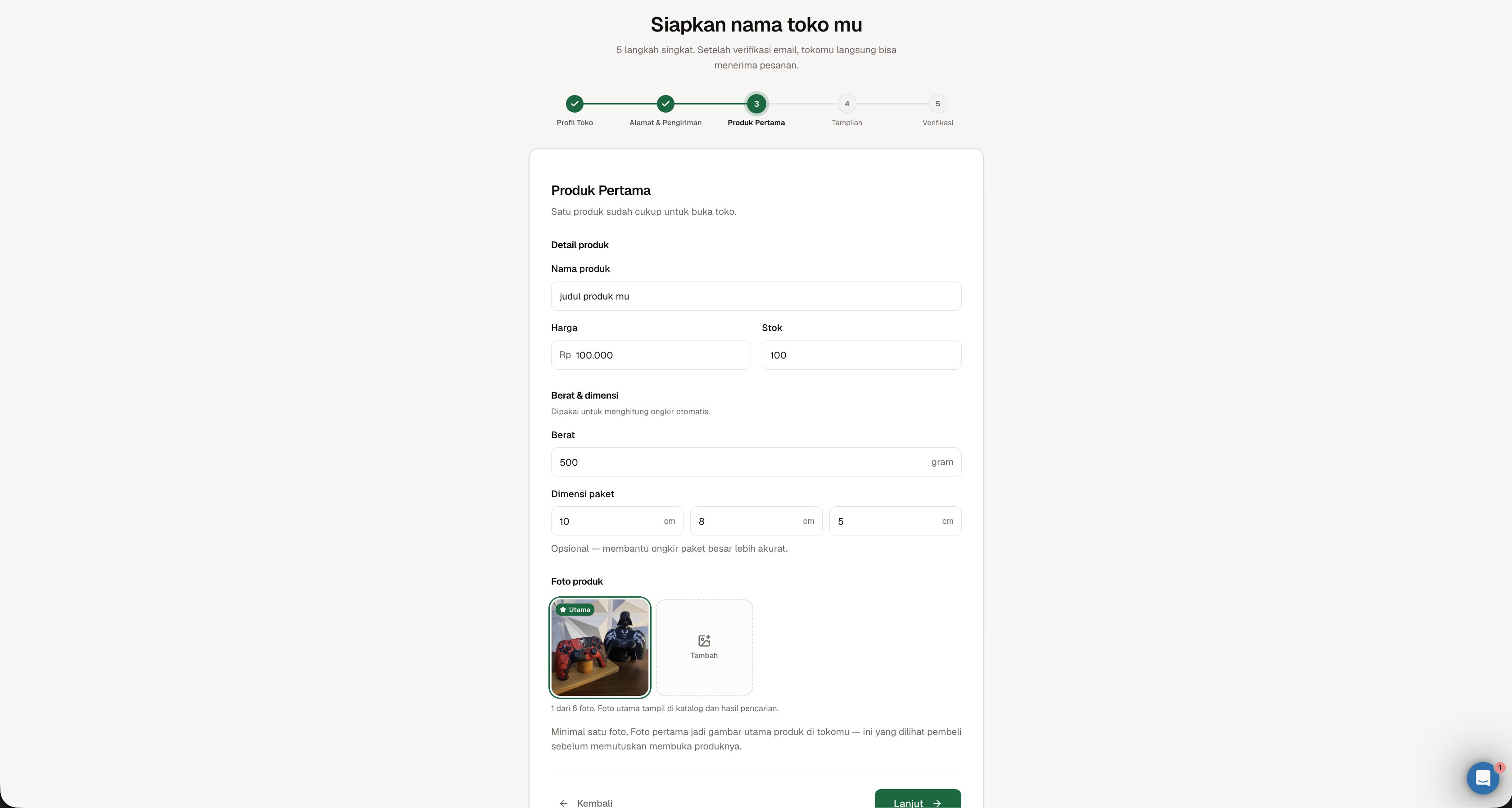 Langkah Produk Pertama untuk mengisi nama, harga, stok, berat, dimensi, dan foto