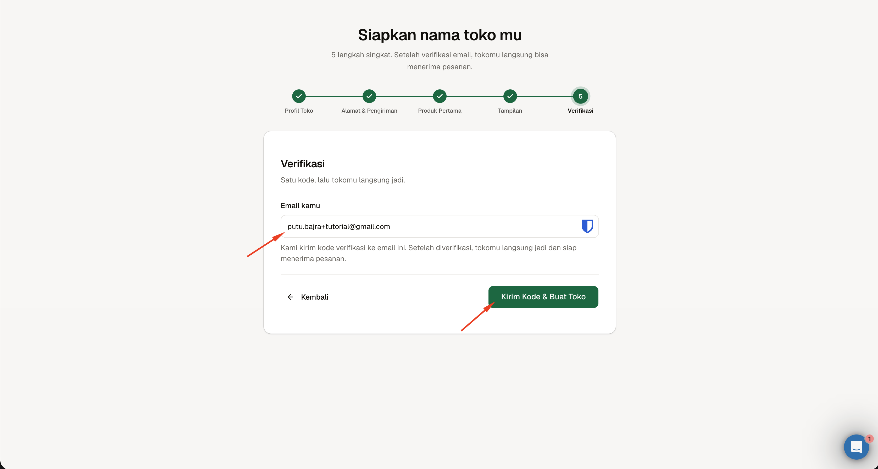 Form email pada langkah Verifikasi sebelum kode dikirim