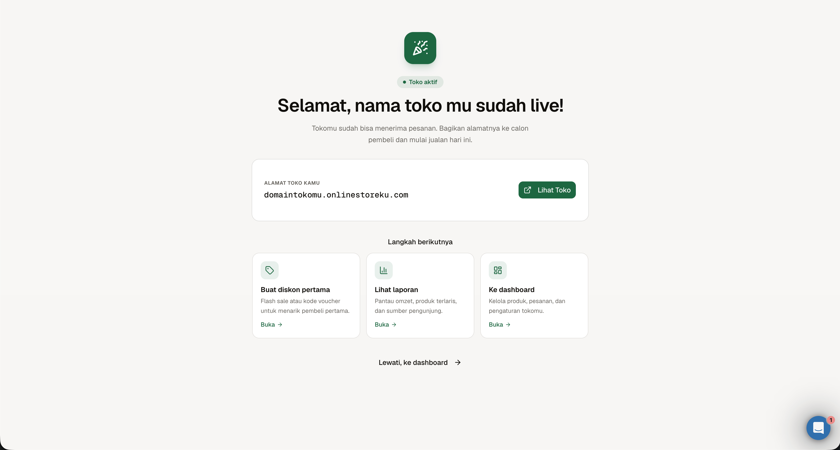 Layar sambutan yang menandakan toko sudah live dan menampilkan alamat toko