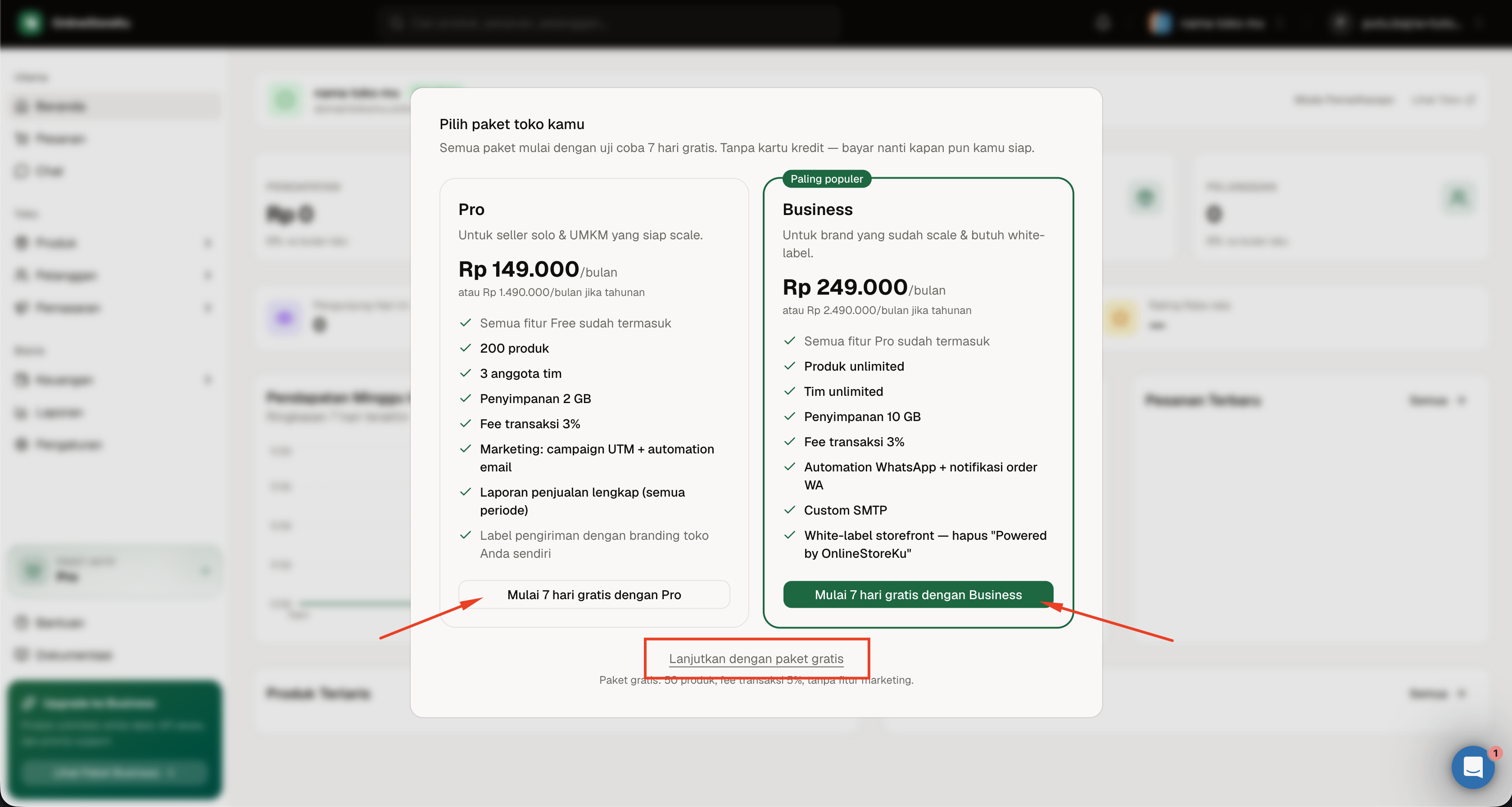 Dialog pilihan paket Pro, Business, atau lanjut dengan paket gratis