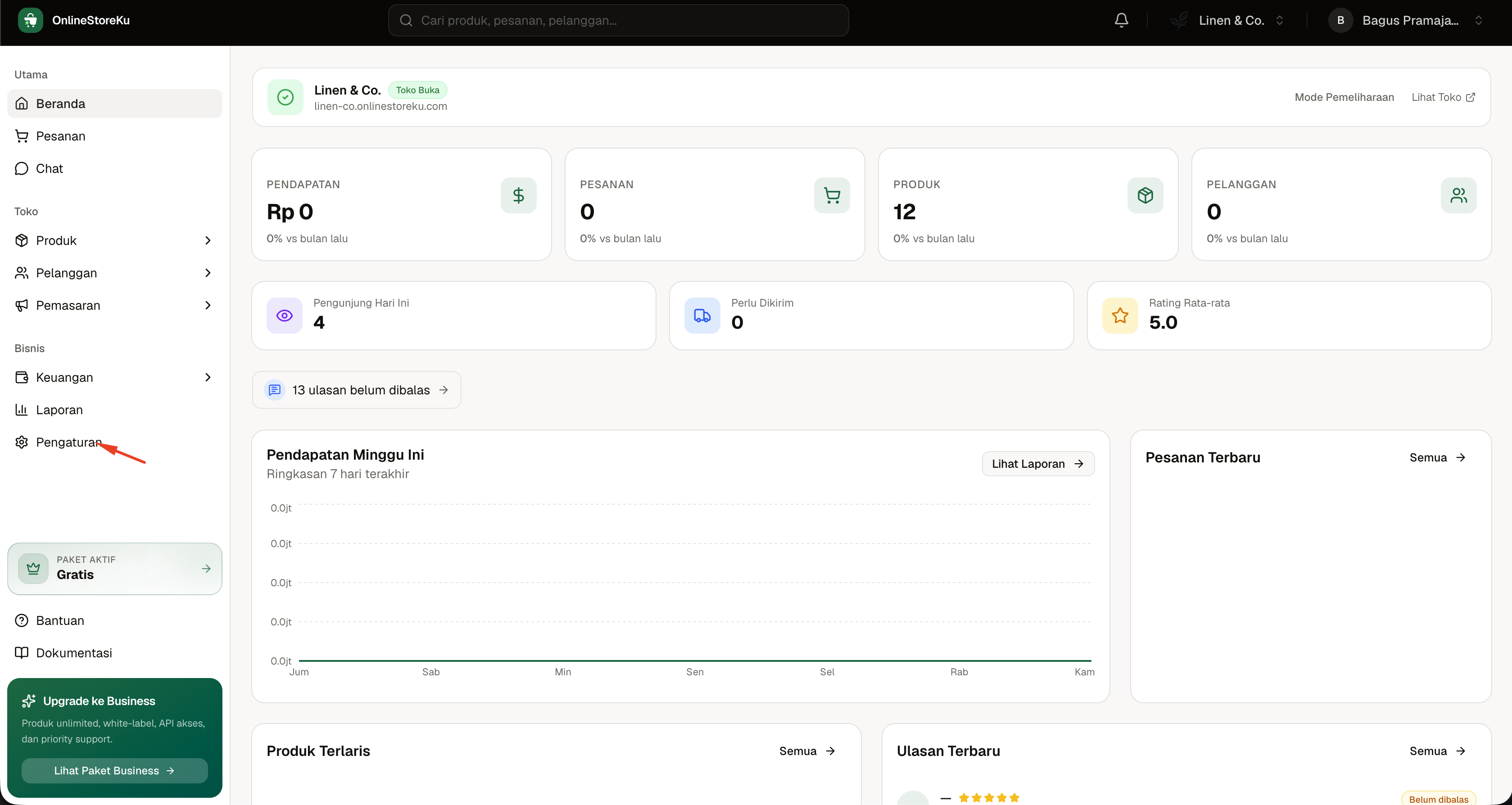 Menu Pengaturan di dashboard OnlineStoreKu untuk membuka pengaturan tema storefront