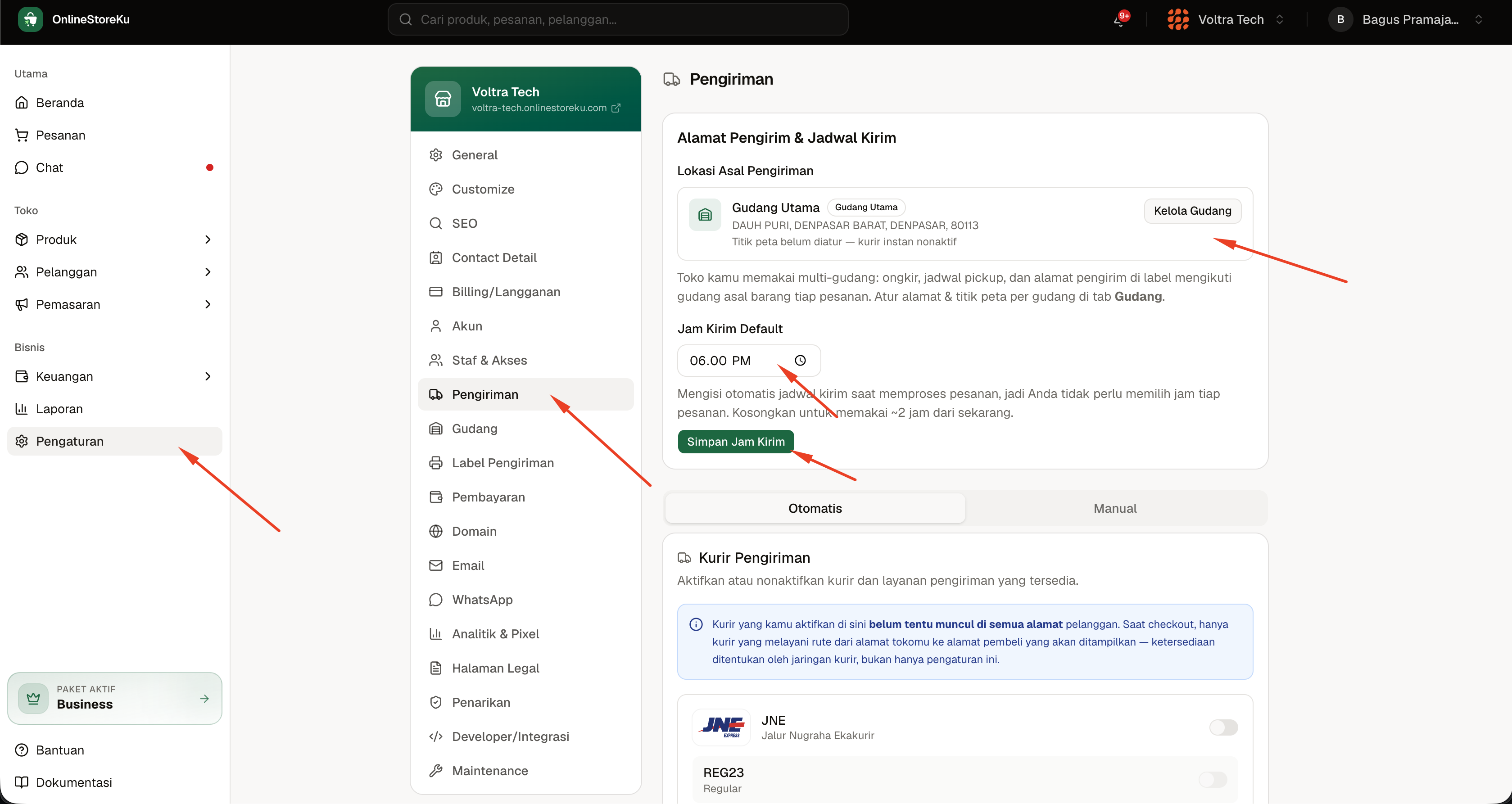 Menu Pengaturan > Pengiriman untuk mengatur gudang asal dan jam kirim default di OnlineStoreKu