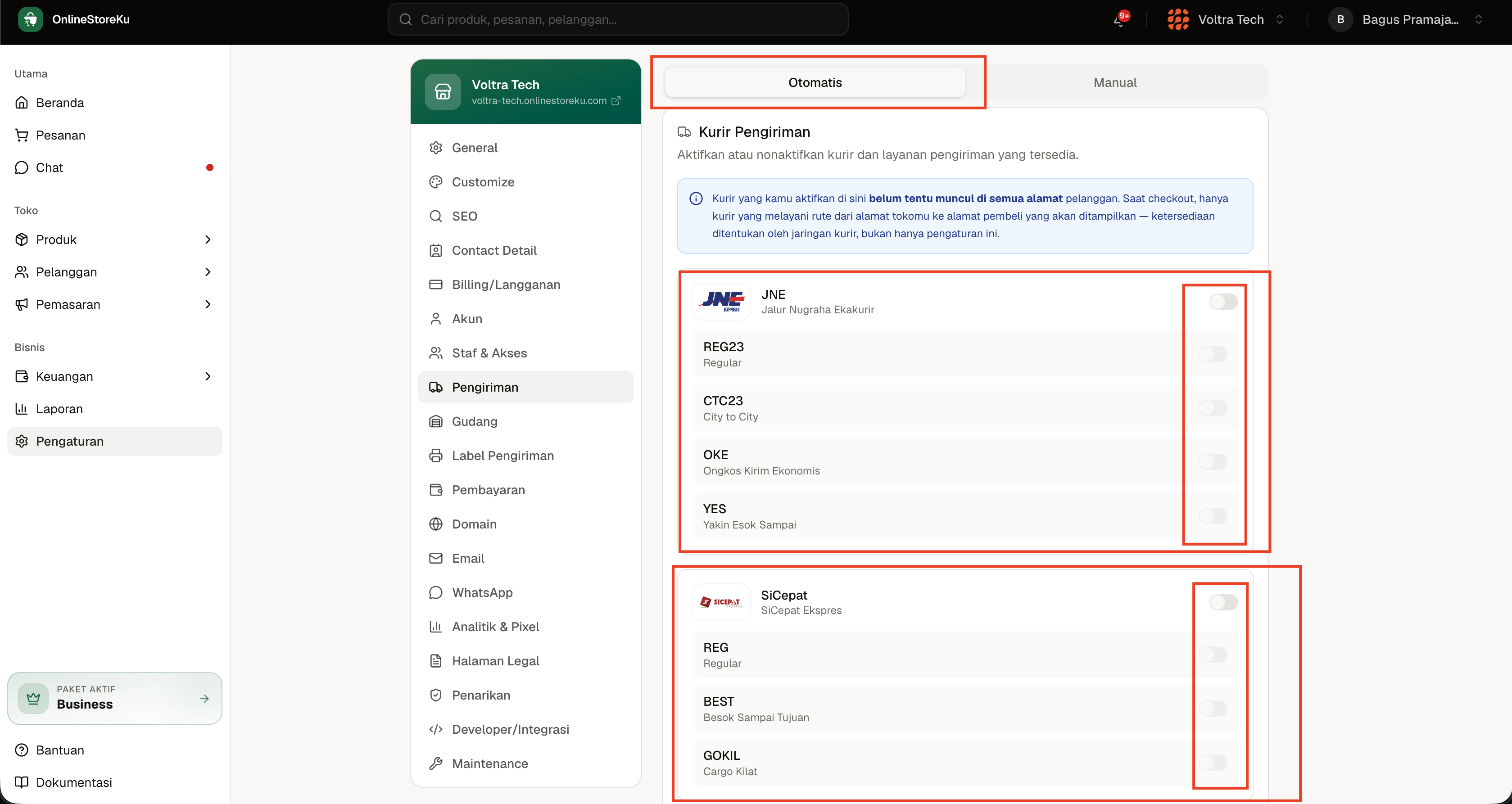 Tab Otomatis untuk mengaktifkan kurir dan layanan pengiriman di OnlineStoreKu