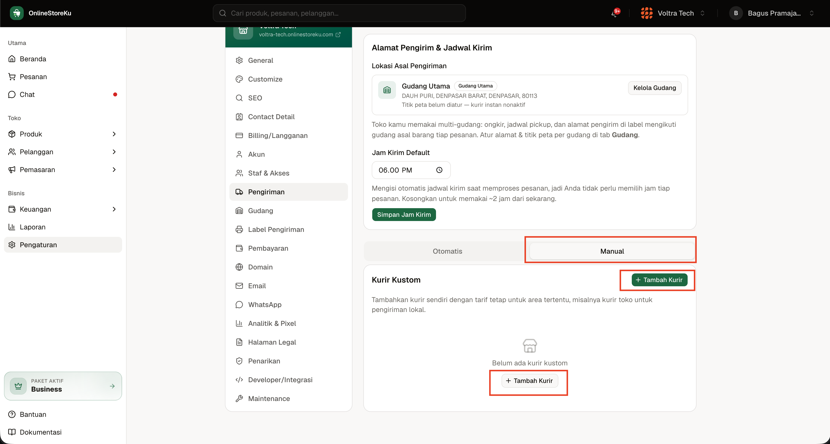 Tab Manual dengan pilihan untuk menambah kurir kustom di OnlineStoreKu