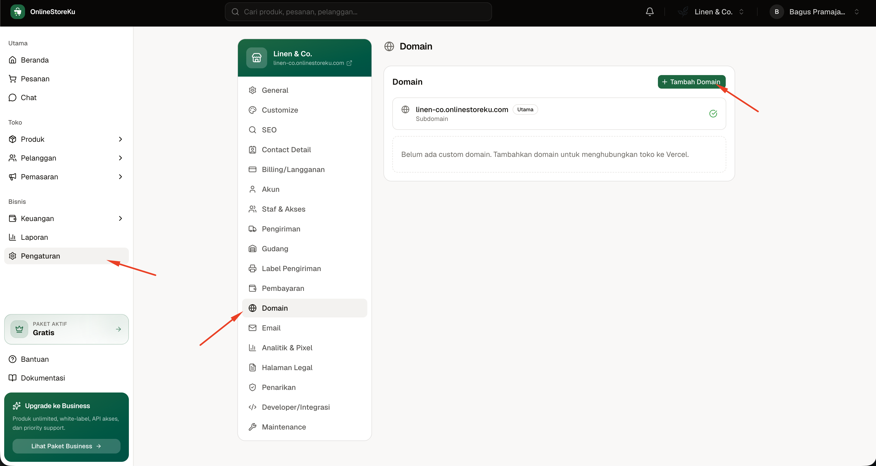 Menu Pengaturan Domain dan tombol Tambah Domain di dashboard OnlineStoreKu