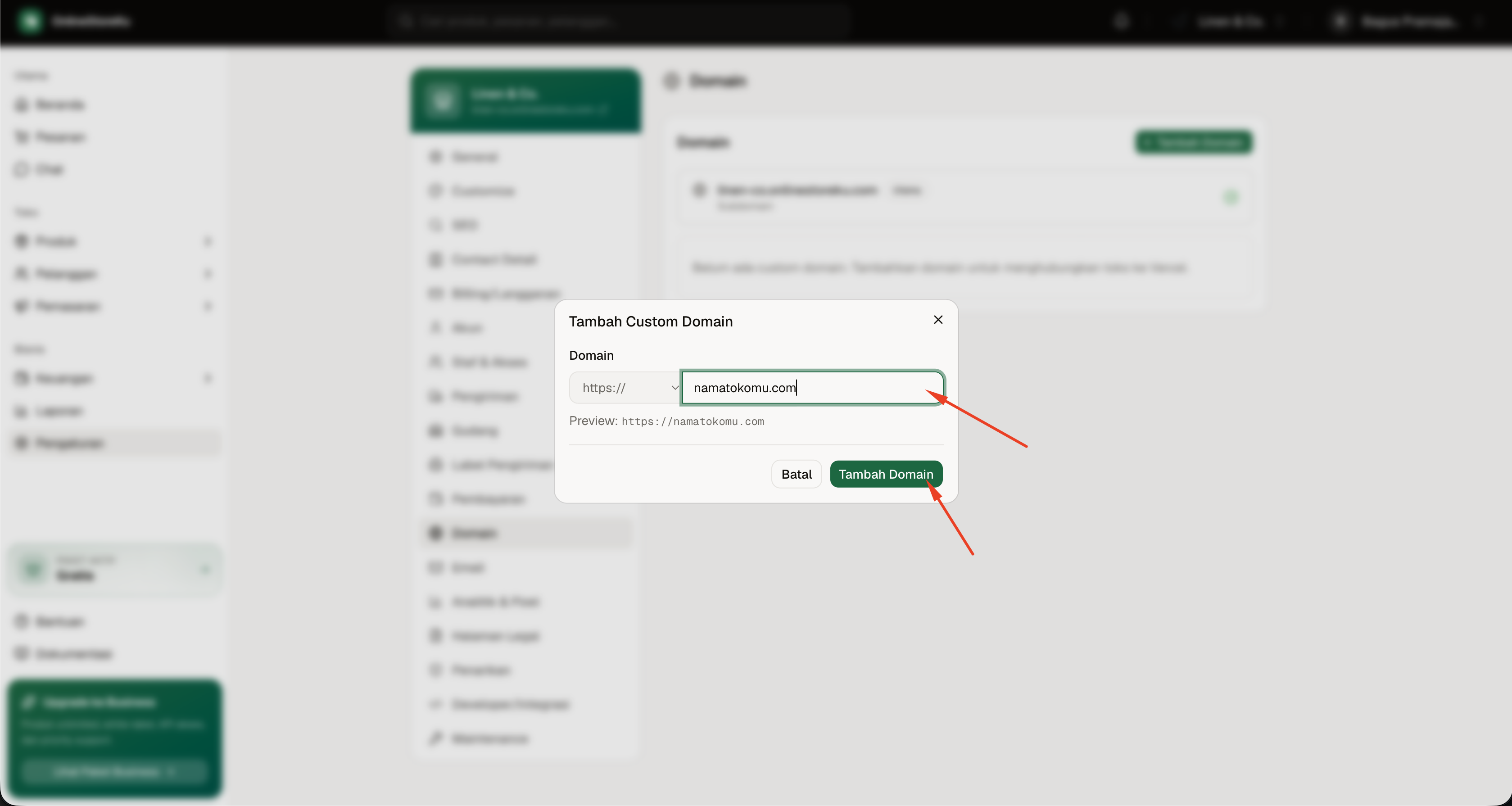 Form Tambah Custom Domain untuk memasukkan alamat domain toko