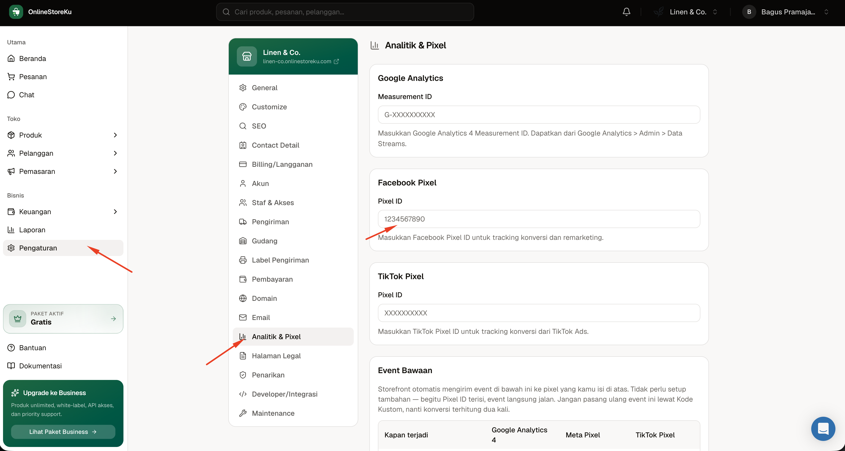 Menu Pengaturan Analitik dan Pixel OnlineStoreKu dengan kolom Facebook Pixel ID yang ditandai