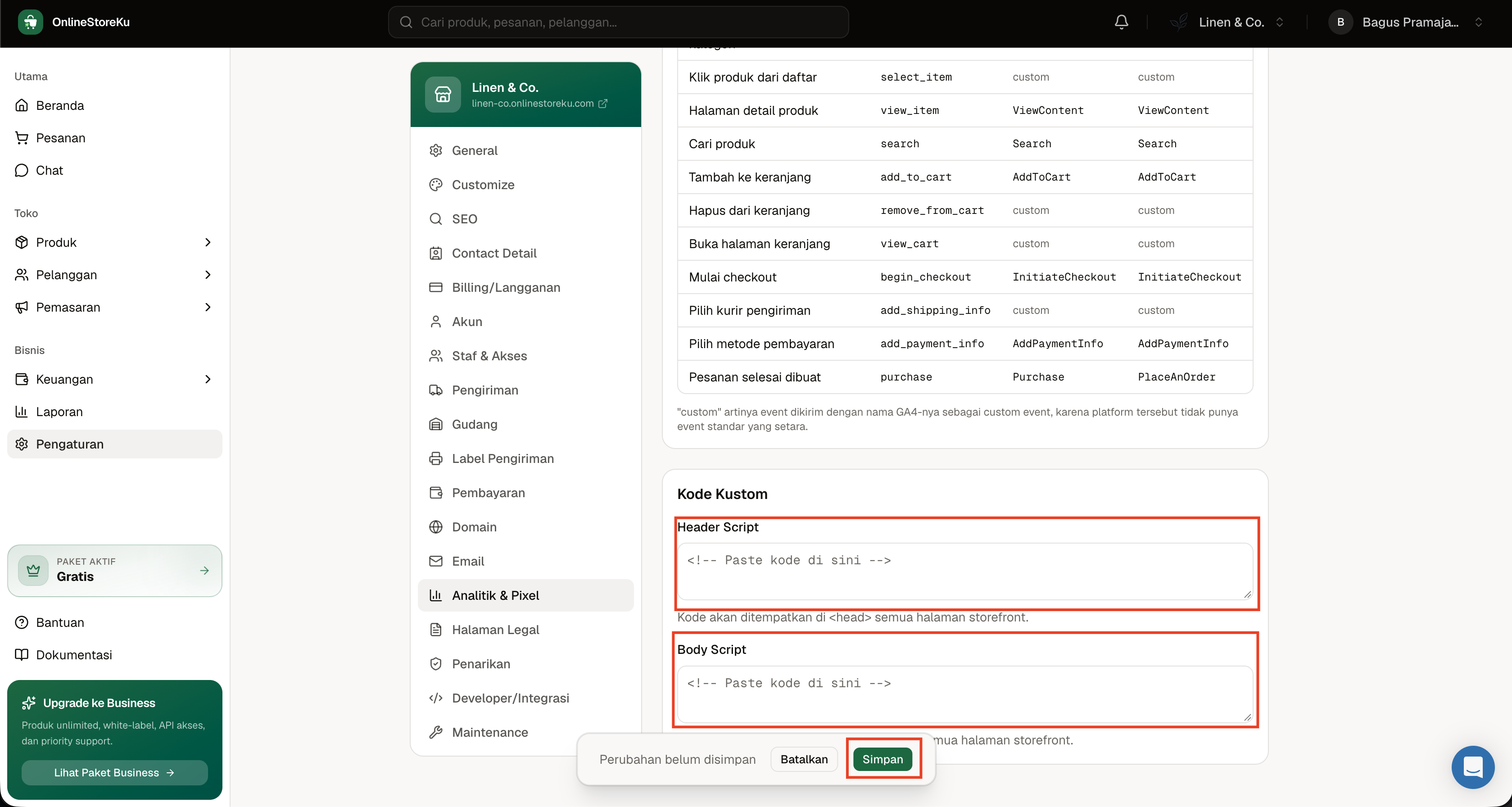 Kolom Header Script, Body Script, dan tombol Simpan untuk memasang Google Tag Manager di OnlineStoreKu