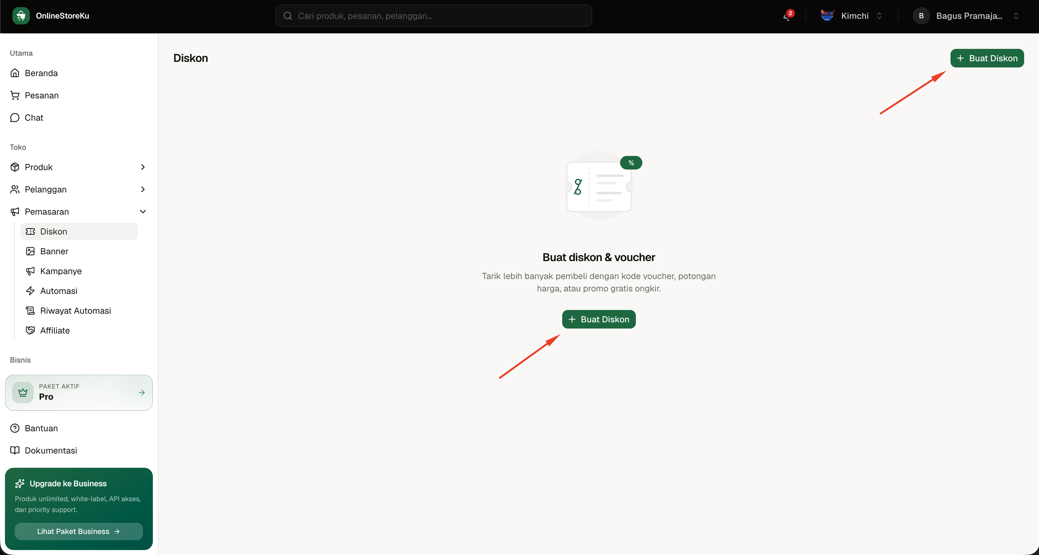 Langkah 1: buka menu Pemasaran lalu Diskon di dashboard OnlineStoreKu dan klik tombol Buat Diskon