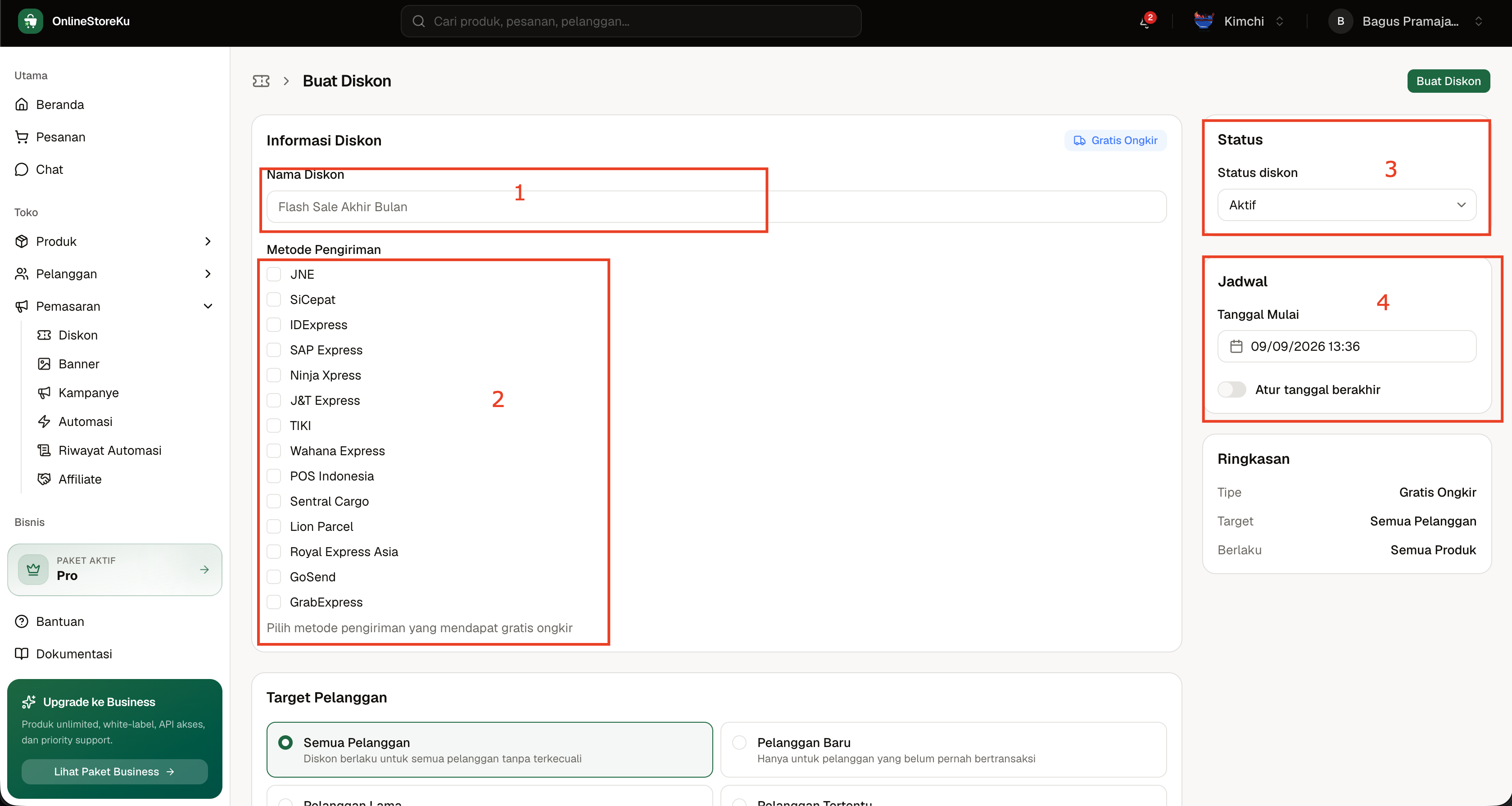 Langkah 3: isi nama promo, centang kurir yang dapat gratis ongkir, set status Aktif, dan atur jadwal mulai serta tanggal berakhir