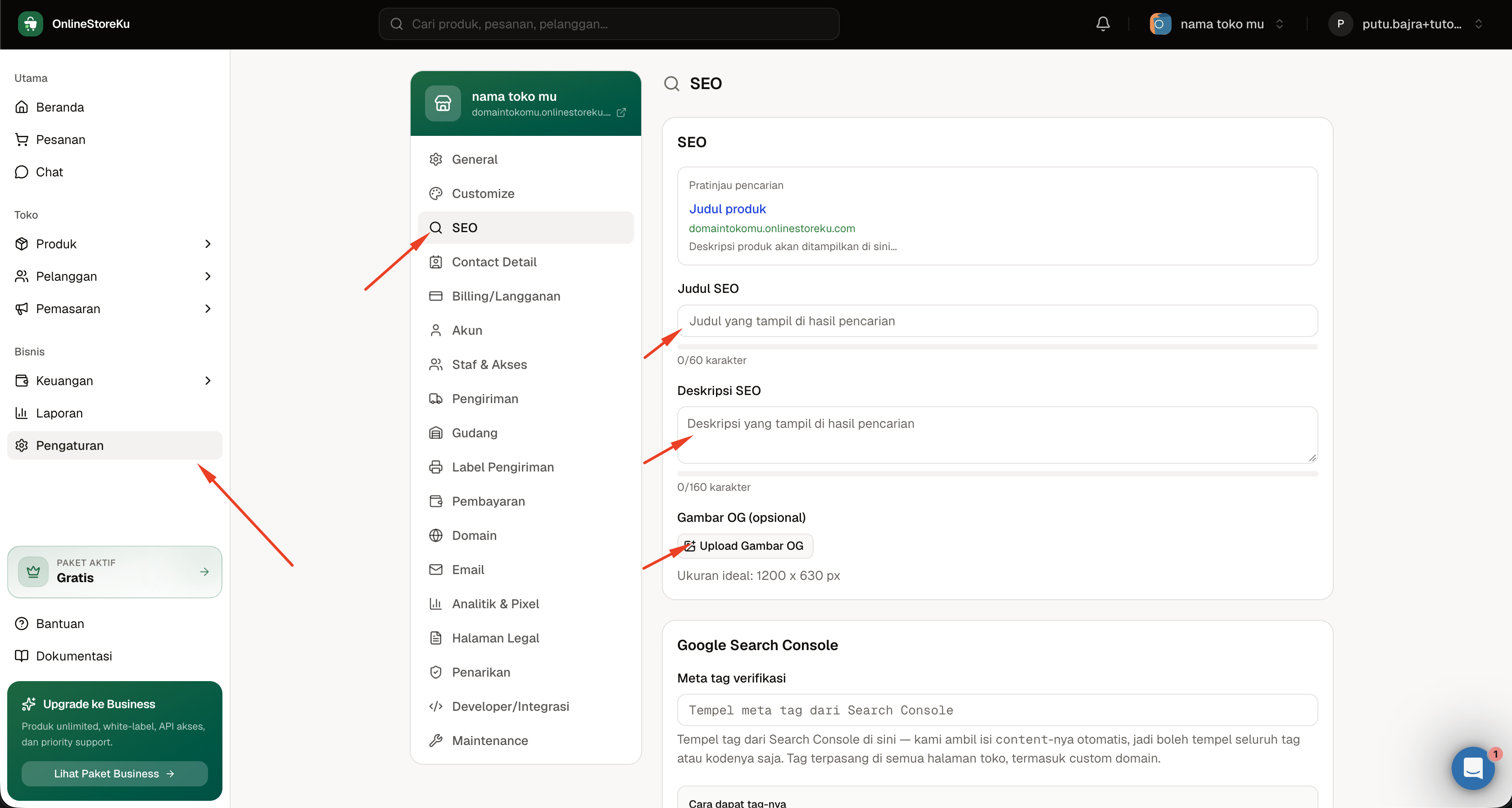 Menu Pengaturan SEO OnlineStoreKu untuk mengisi Judul SEO, Deskripsi SEO, Gambar OG, dan verifikasi Google Search Console